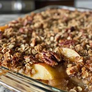 Juicy Maple Pecan Apple Crisp with a crispy topping, served in a dish, revealing apple layers.