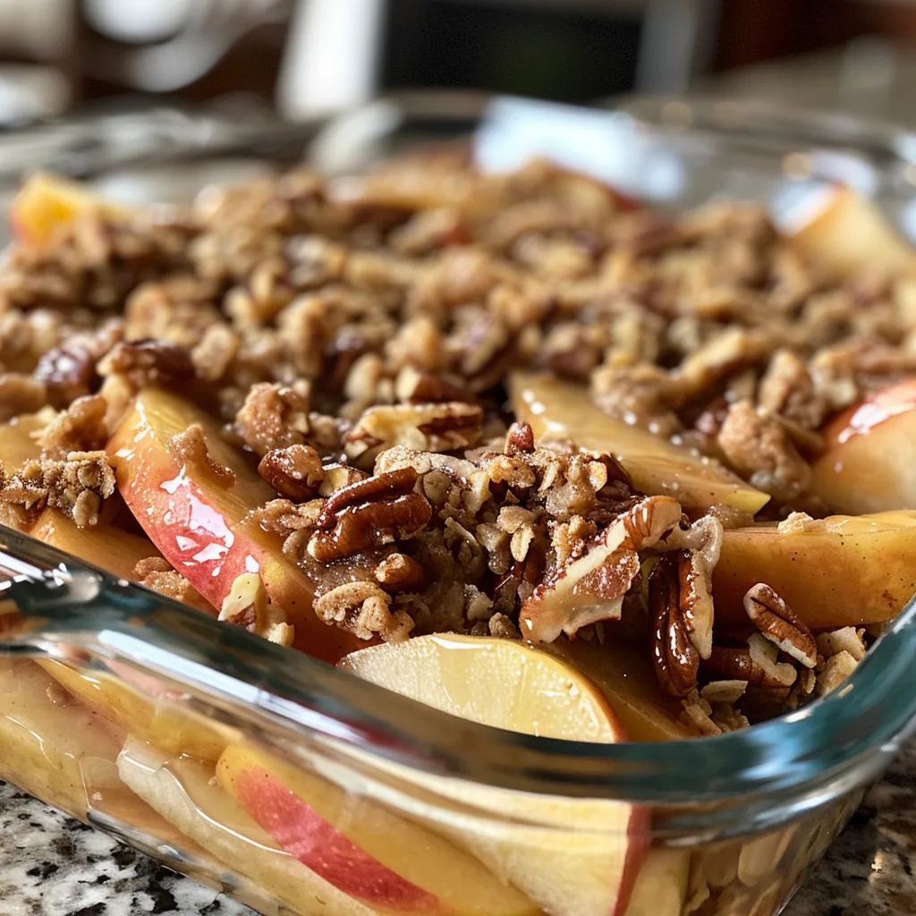 Detail of Maple Pecan Apple Crisp highlighting the crunchy topping and baked apple filling.