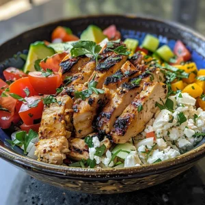A side view of a delicious Mediterranean chicken bowl with olives, tomatoes, and herbs.