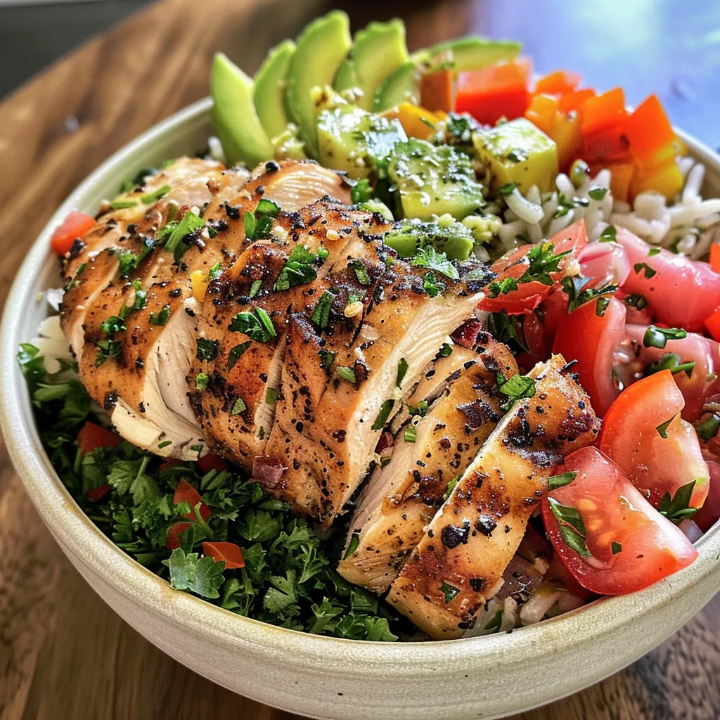 A detailed shot of a Mediterranean chicken bowl, emphasizing its fresh ingredients and textures.
