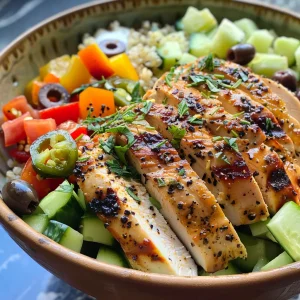 A side view of a chicken bowl featuring grilled chicken, Greek yogurt, and roasted jalapeños.