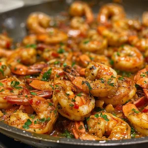 Close-up view of a vibrant Mediterranean shrimp skillet with lemon garlic sauce.