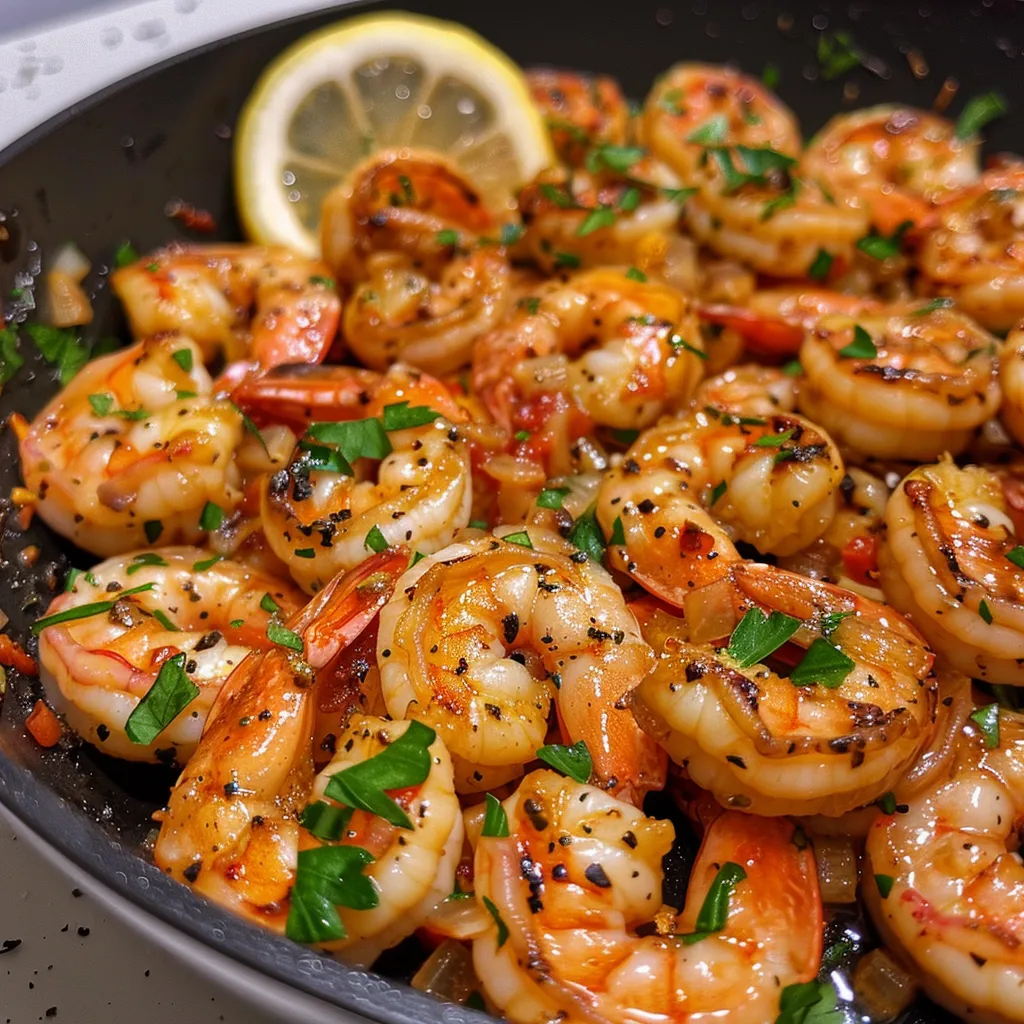 Juicy shrimp sizzling in a colorful skillet, accented by garlic and herbs.