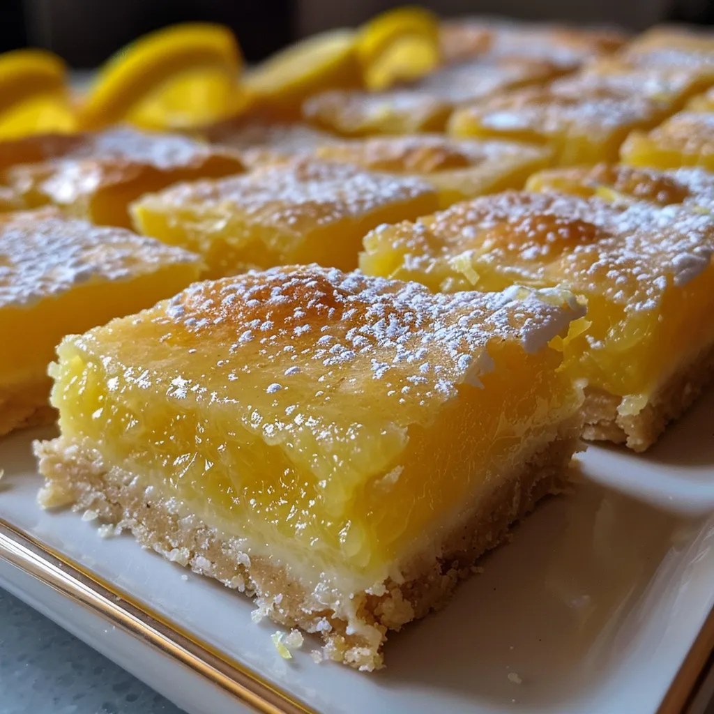 A detailed shot of luscious lemon bars, emphasizing the contrast between the shortbread crust and the zesty lemon layer.