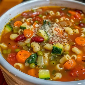Freshly made minestrone soup filled with beans, vegetables, and herbs in a bowl.