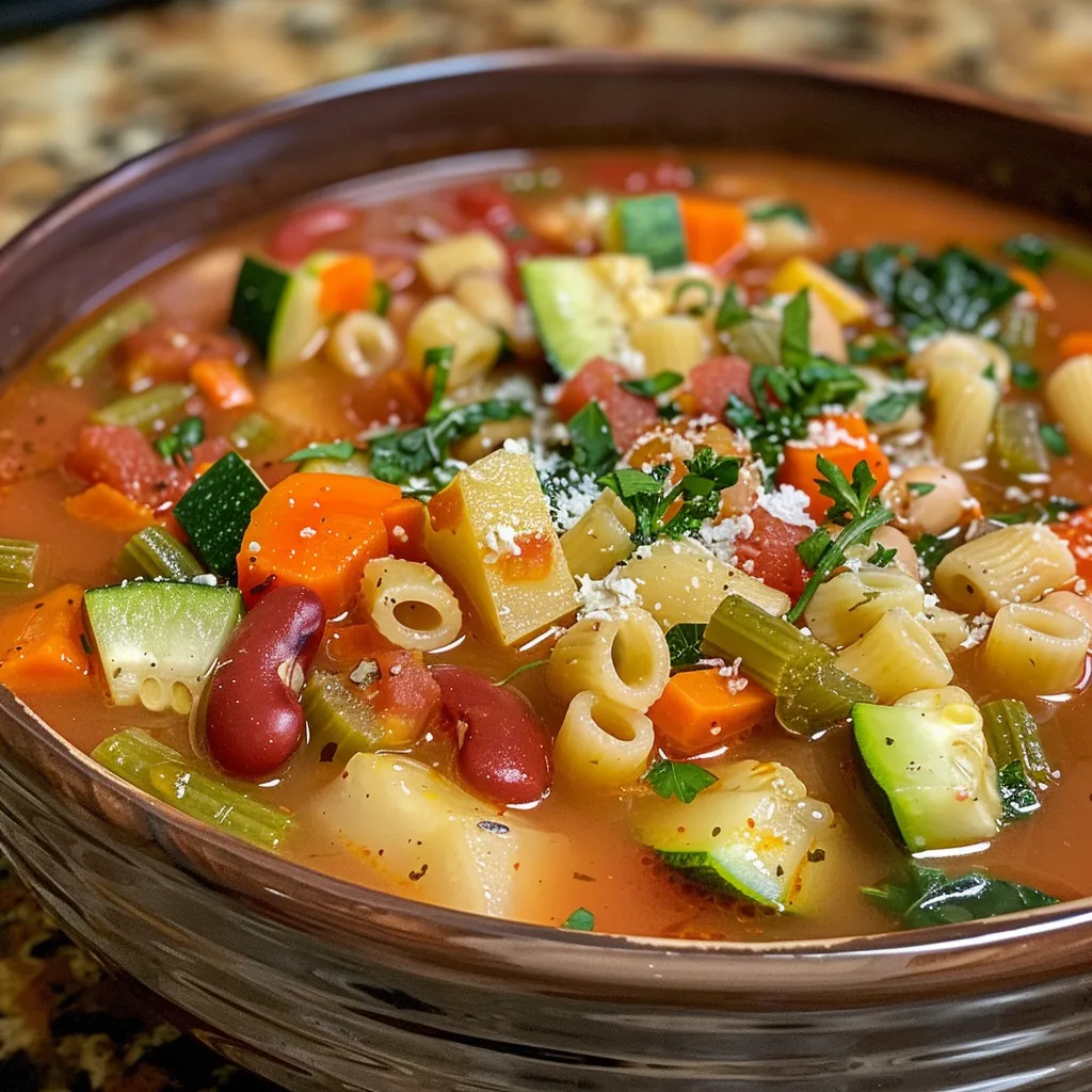 Delicious minestrone soup displayed in a bowl, highlighting its ingredients and texture.