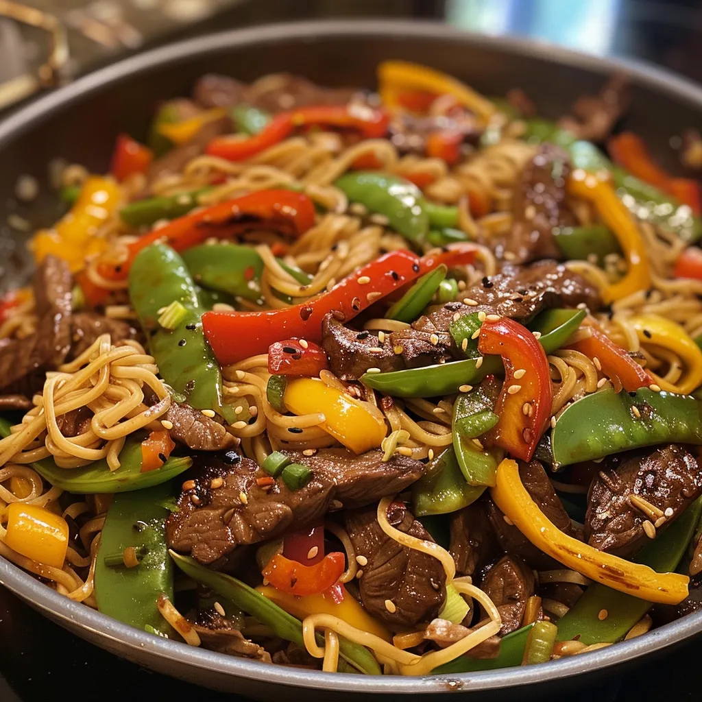 Close-up of a bowl filled with Mongolian Beef Noodle Stir Fry, showcasing juicy beef, colorful bell peppers, and noodles.