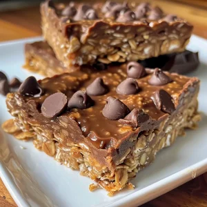 Juicy No Bake Chocolate Oat Bars cut into squares, revealing their texture.