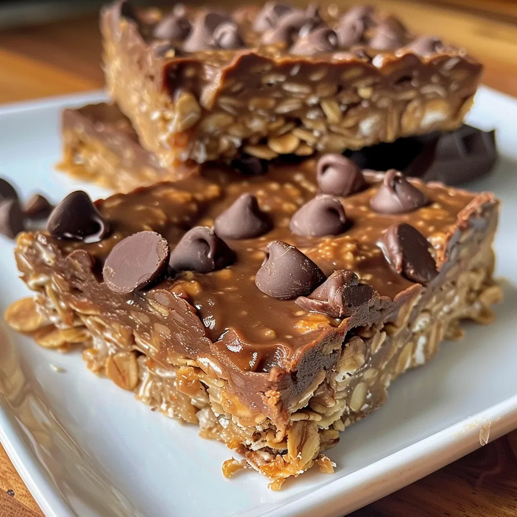 Juicy No Bake Chocolate Oat Bars cut into squares, revealing their texture.