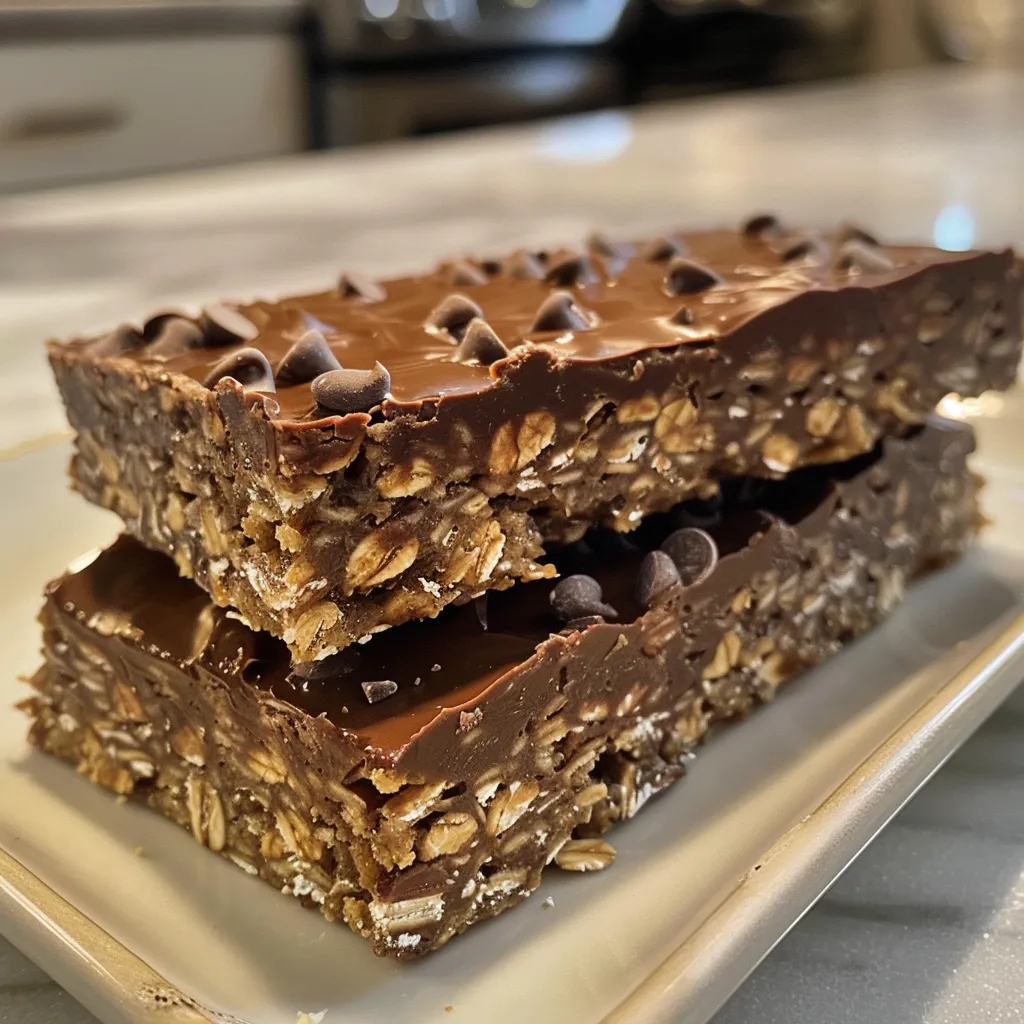 A delicious chocolate oat bar with a shiny finish and visible oats.