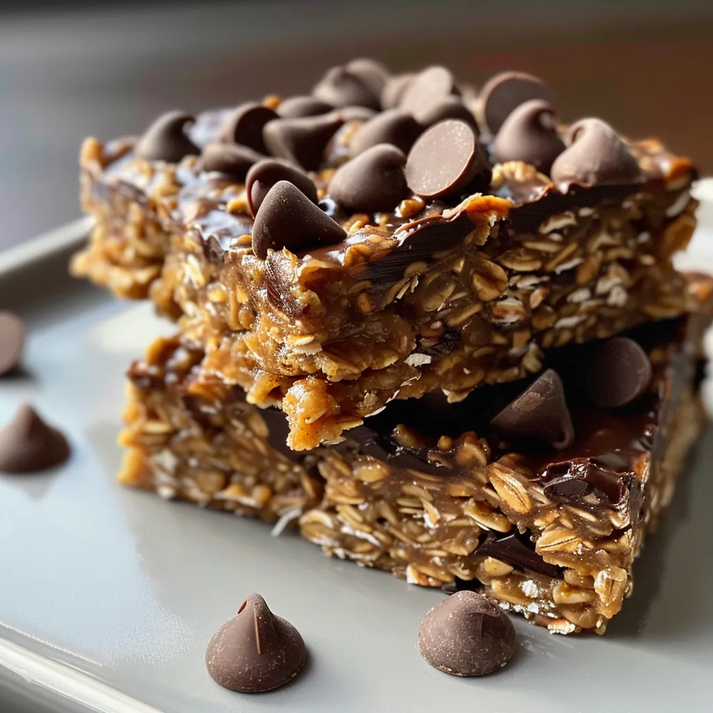 Textured look at homemade chocolate oatmeal bars, featuring oats and chocolate chips.