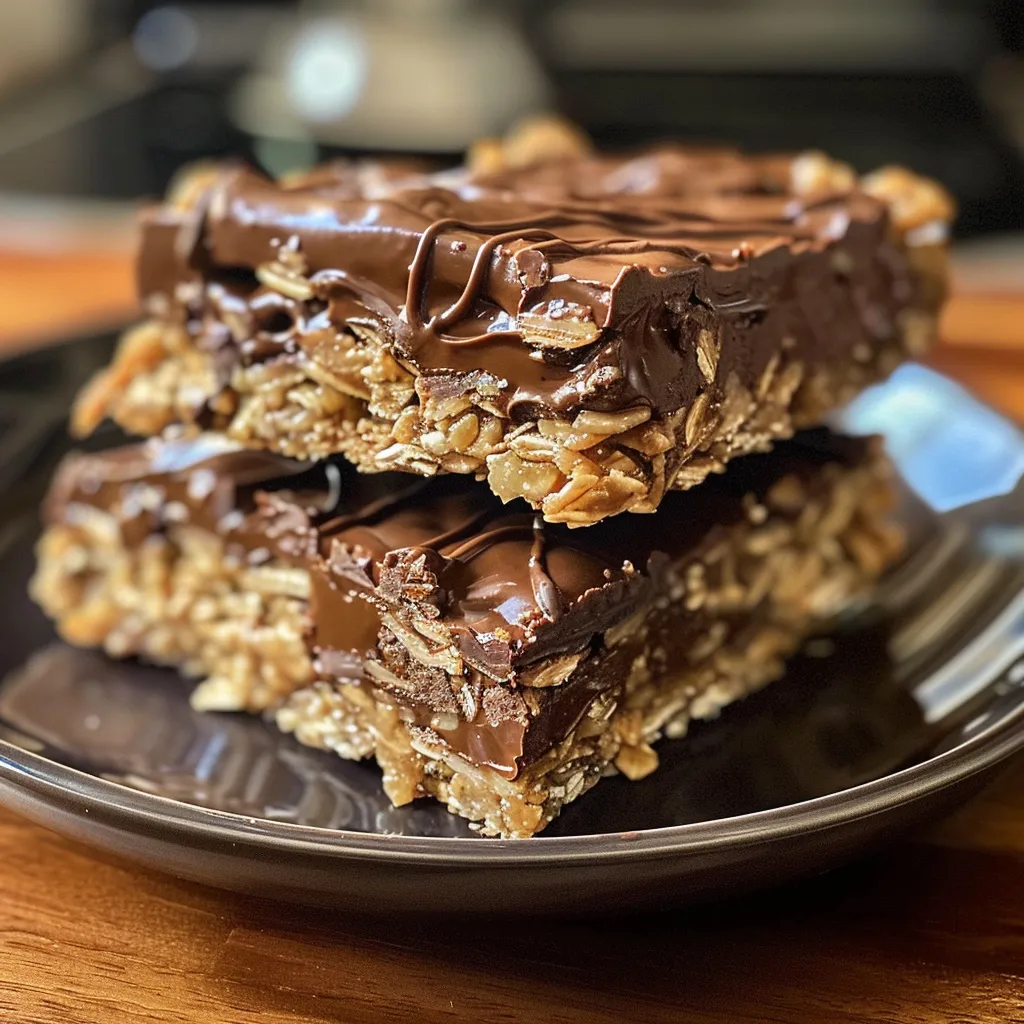 Delicious no-bake chocolate oatmeal bars arranged on a plate, highlighting their layers.