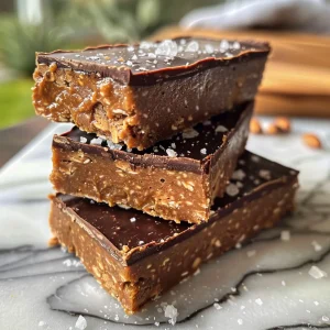 Juicy No Bake Chocolate Peanut Butter Protein Bars displayed on a wooden board.