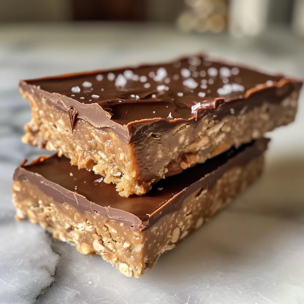 Detailed view of No Bake Chocolate Peanut Butter Protein Bars showing layers of chocolate and peanut butter.