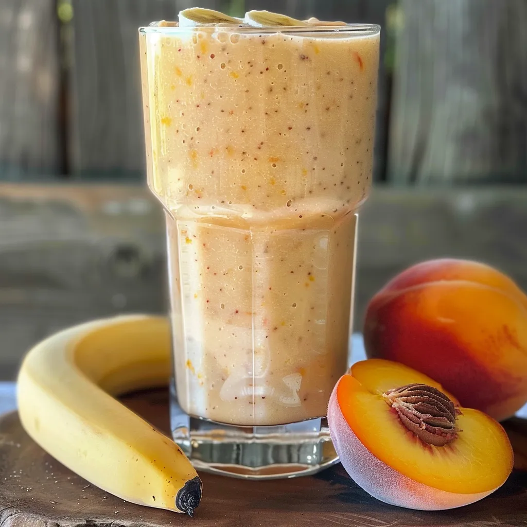 Close-up view of a vibrant banana peach smoothie in a glass.