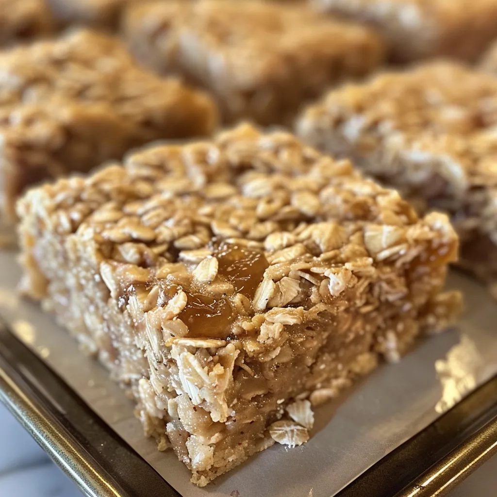 Layered oatmeal bars showcasing rolled oats and fruit preserves.