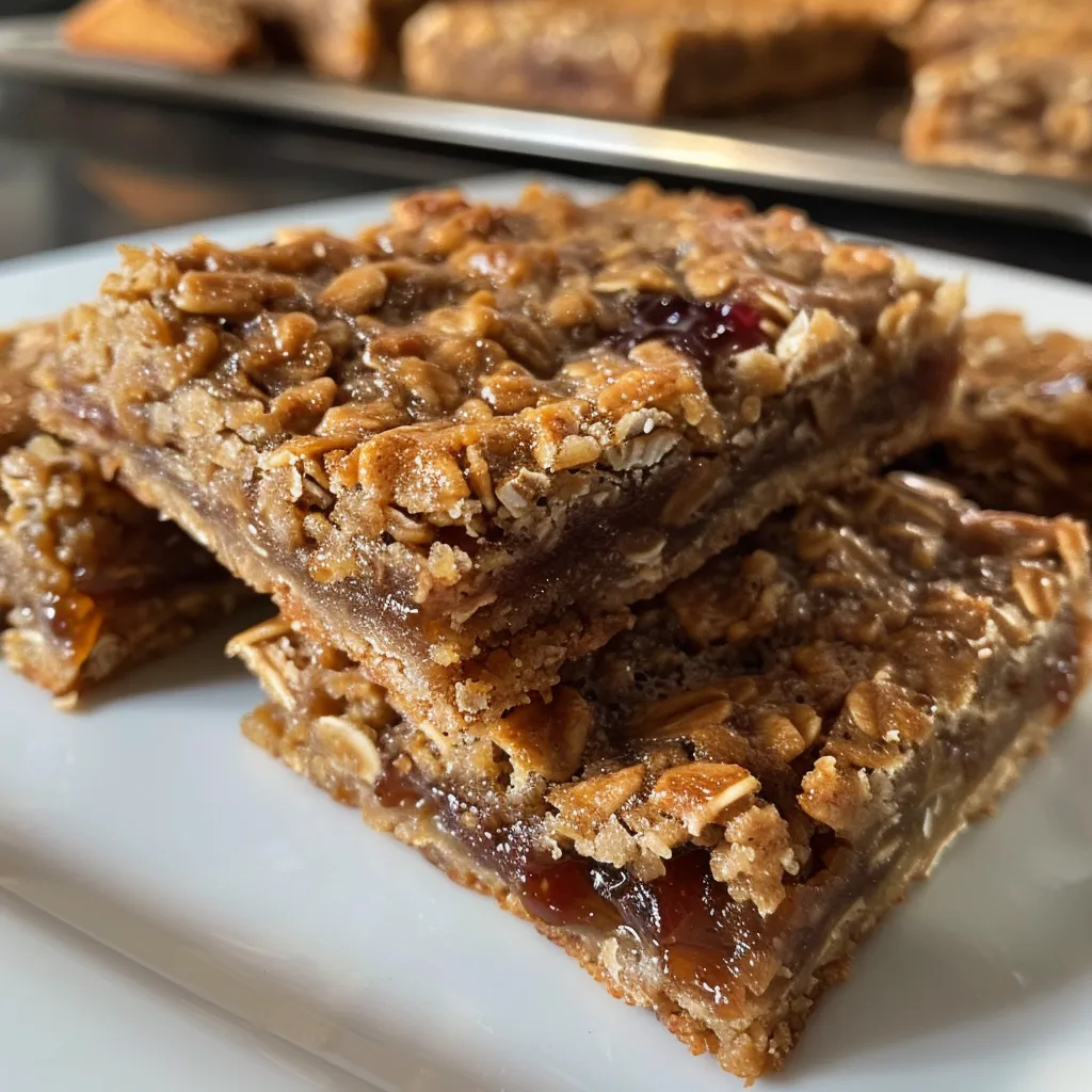 Appetizing oatmeal bars highlighting a crumbly edge and shiny jam on top.