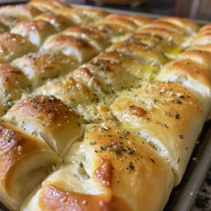 Juicy, warm Olive Garden breadsticks displayed with a buttery glaze.