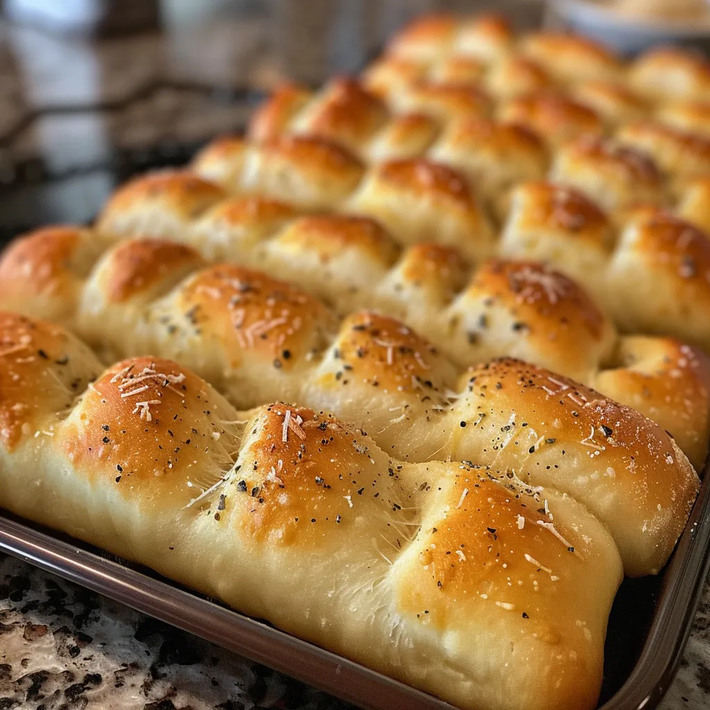 Soft, fluffy breadsticks resembling Olive Garden's signature style with herbs sprinkled on top.