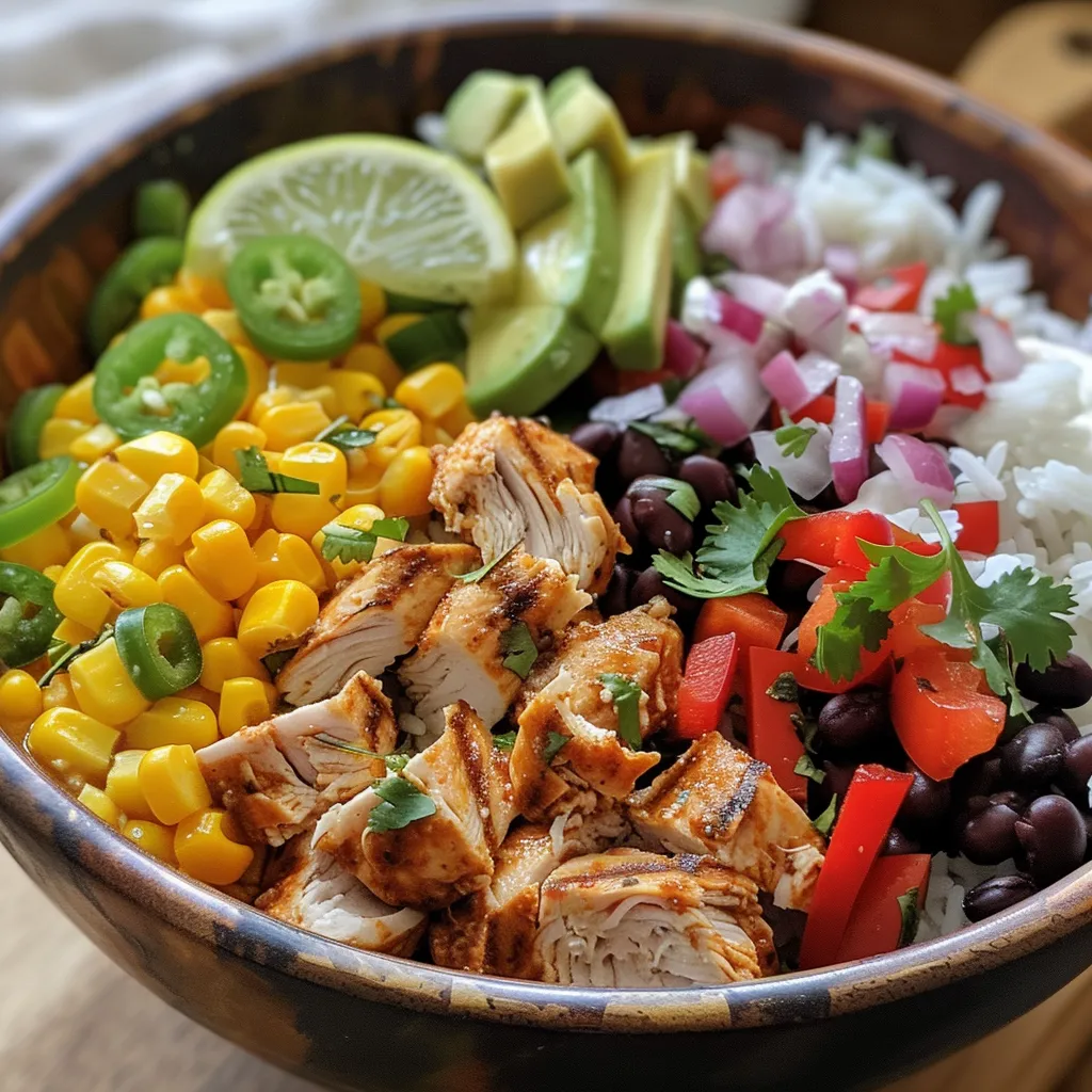 Juicy One Pan Chicken Burrito Bowl displayed with vibrant ingredients like corn and bell peppers.