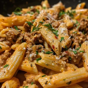 Close-up view of creamy beef pasta with parsley garnish in a bowl.
