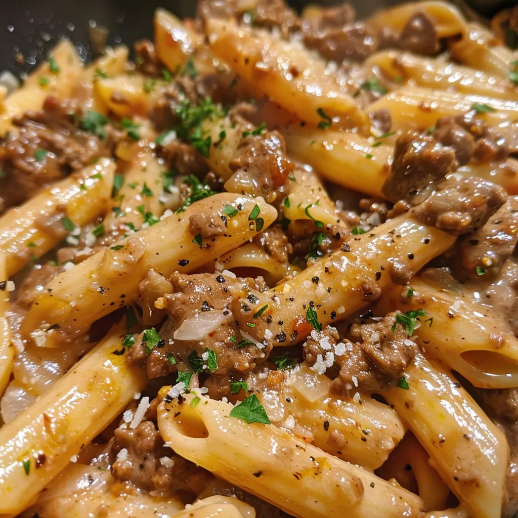 Juicy One Pan Creamy Beef Pasta with herbs and cheese, captured from the side.