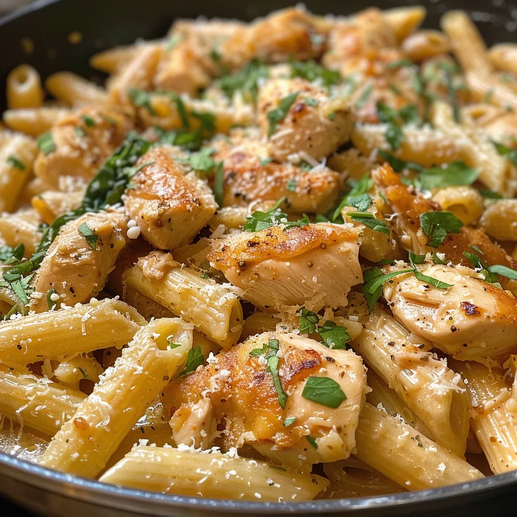 Juicy One Pan Garlic Parmesan Chicken Pasta with chicken breast, pasta, and spinach.