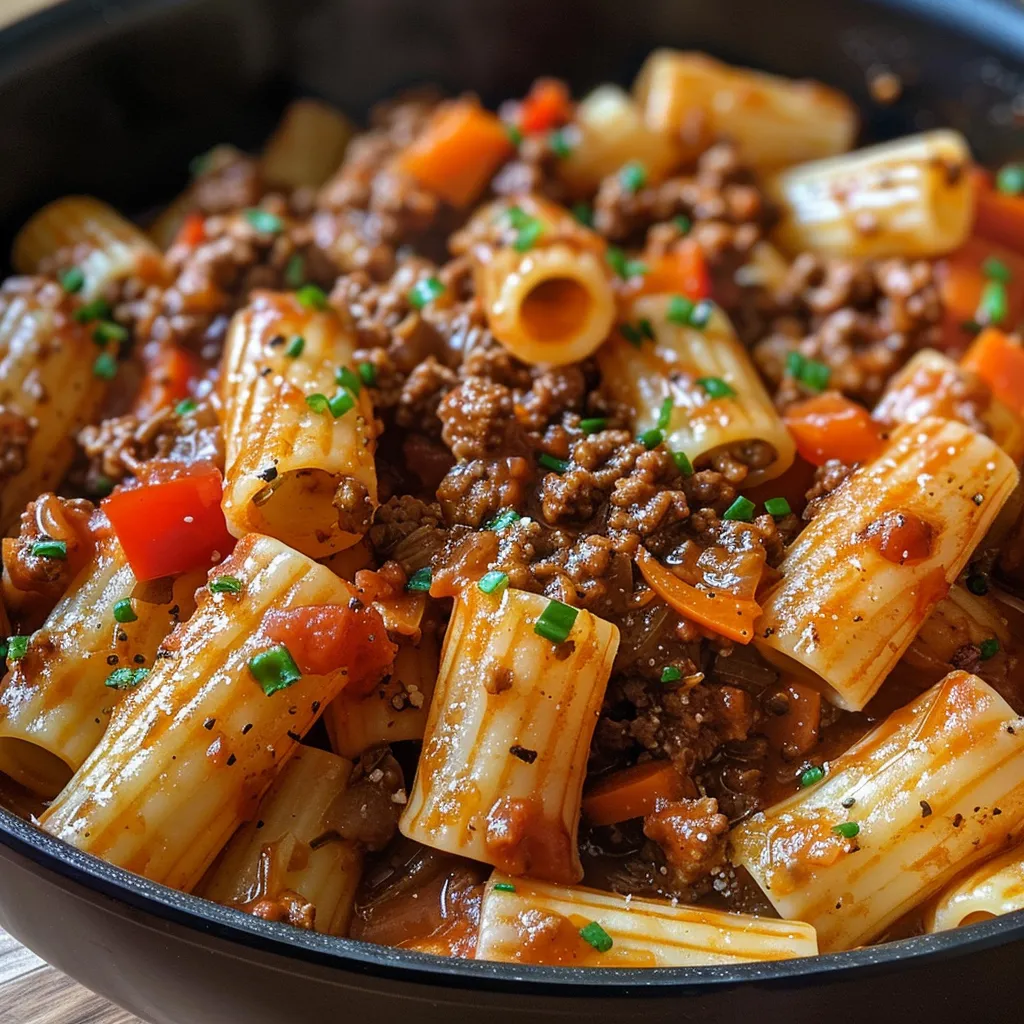 Close-up of a bowl of creamy Bolognese pasta topped with grated cheese and herbs.