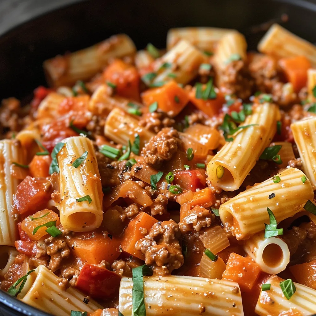 Side view of One-Pot Creamy Bolognese Pasta in a bowl, garnished with chives and chili flakes.
