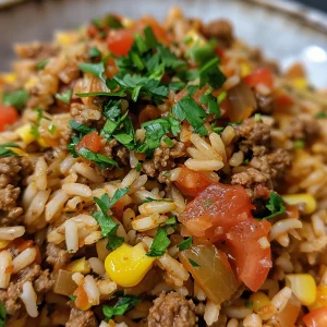 Close-up view of One-Pot Taco Rice with Ground Beef in a bowl, highlighting its juicy texture.