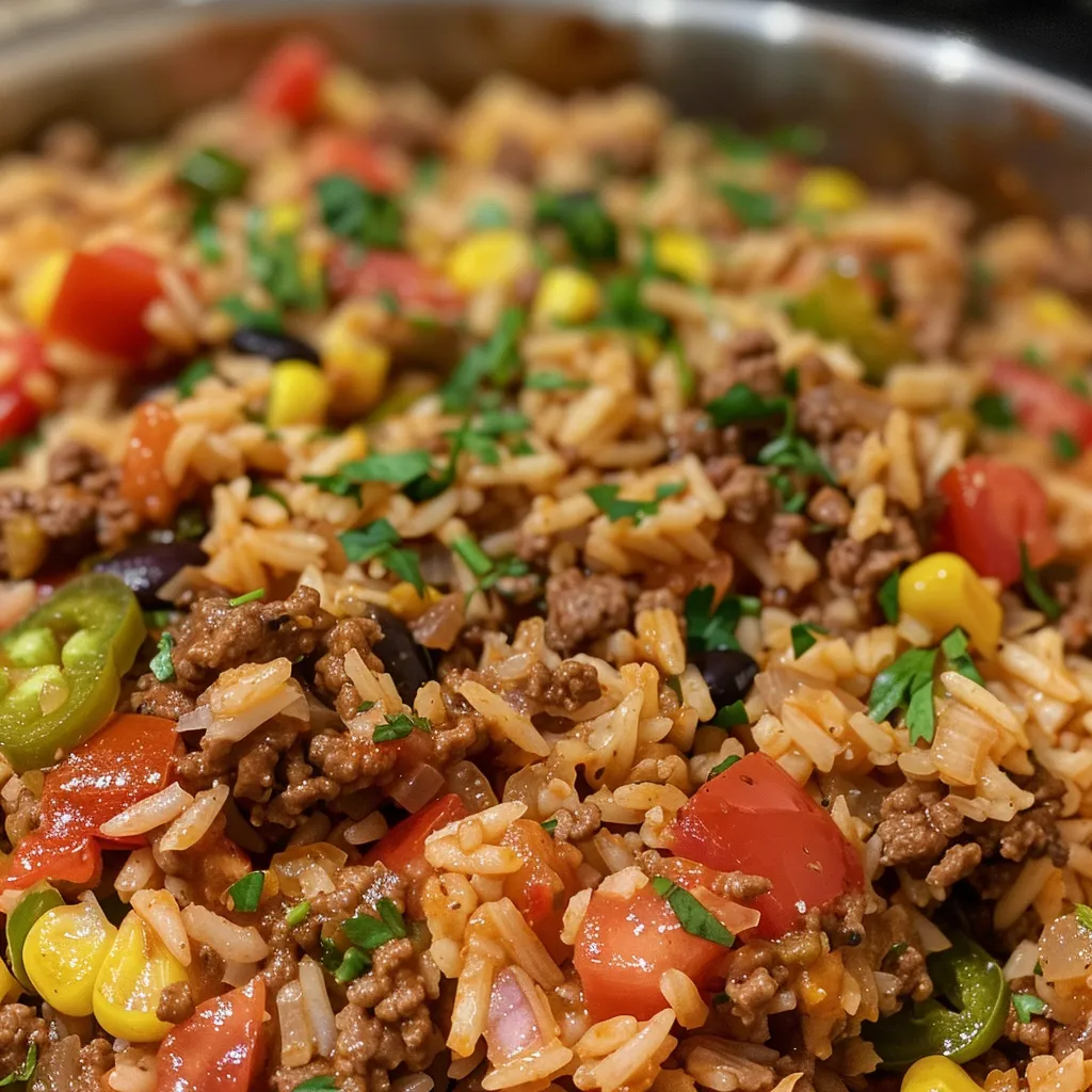 Side view of a serving of One-Pot Taco Rice with Ground Beef, showcasing colorful ingredients.