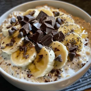 A detailed image of overnight oats topped with banana slices and chocolate chunks, highlighting its texture.