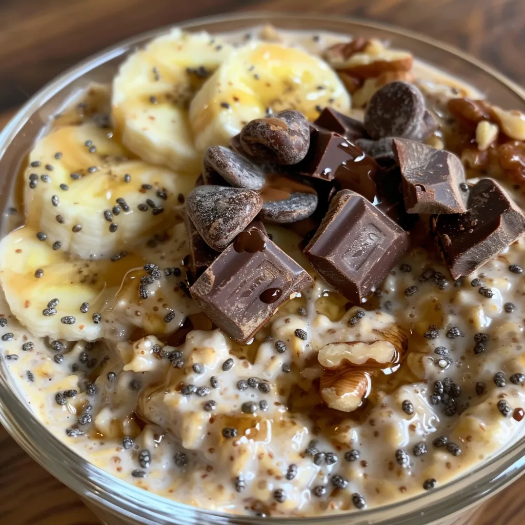 A vibrant bowl of banana chocolate overnight oats with visible layers of oats, yogurt, and toppings.
