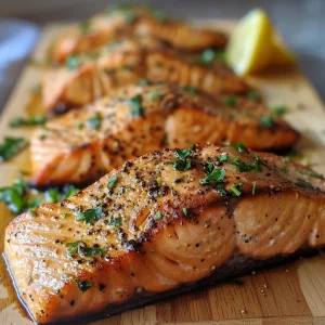 Close-up view of perfectly pan-seared salmon fillets, golden and crispy on the skin.