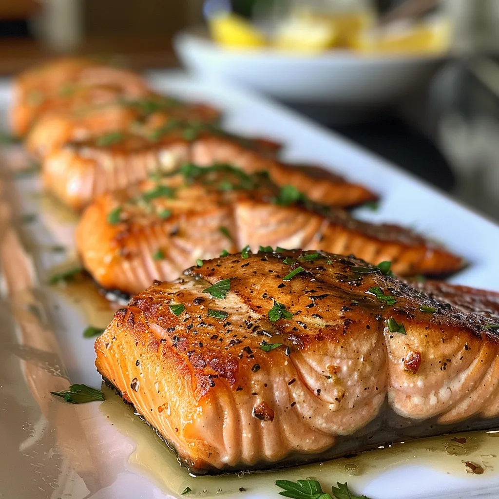 Juicy salmon fillets garnished with garlic butter and fresh parsley, showcasing a rich texture.