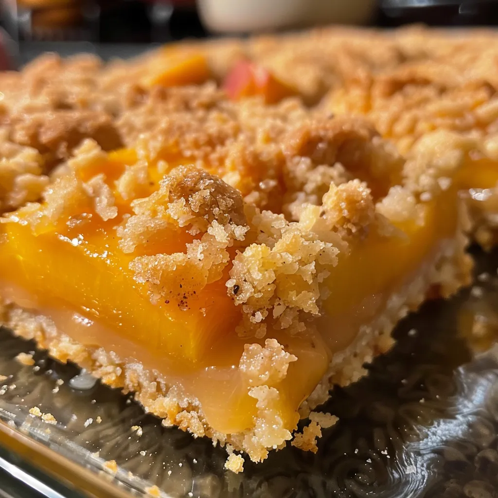 Side view of delicious peach dessert bars with a crunchy topping.