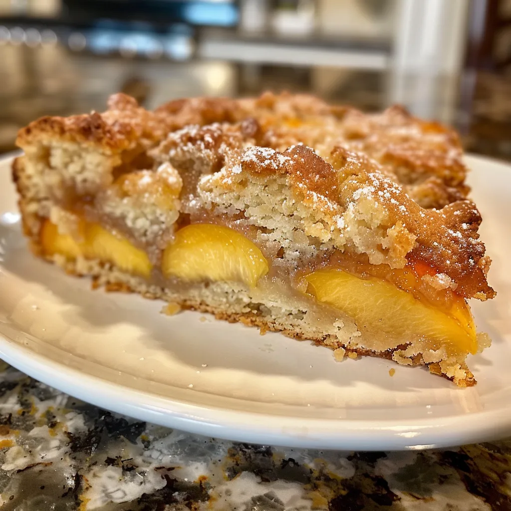 Juicy peach coffee cake slice showcasing its crumbly topping and vibrant peach pieces, served on a wooden table.