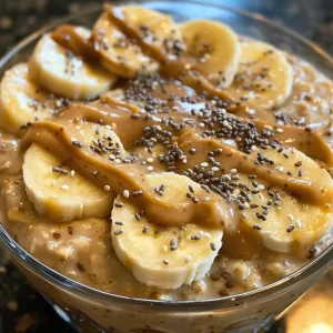 Delicious peanut butter banana overnight oats topped with sliced bananas and a drizzle of peanut butter.