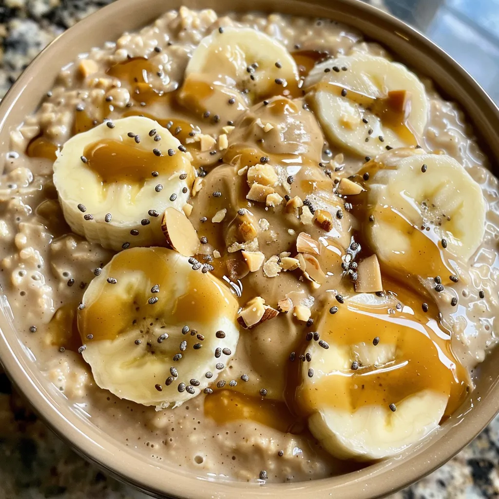 Close-up photo of overnight oats featuring a mix of oats, banana, peanut butter, and chia seeds.