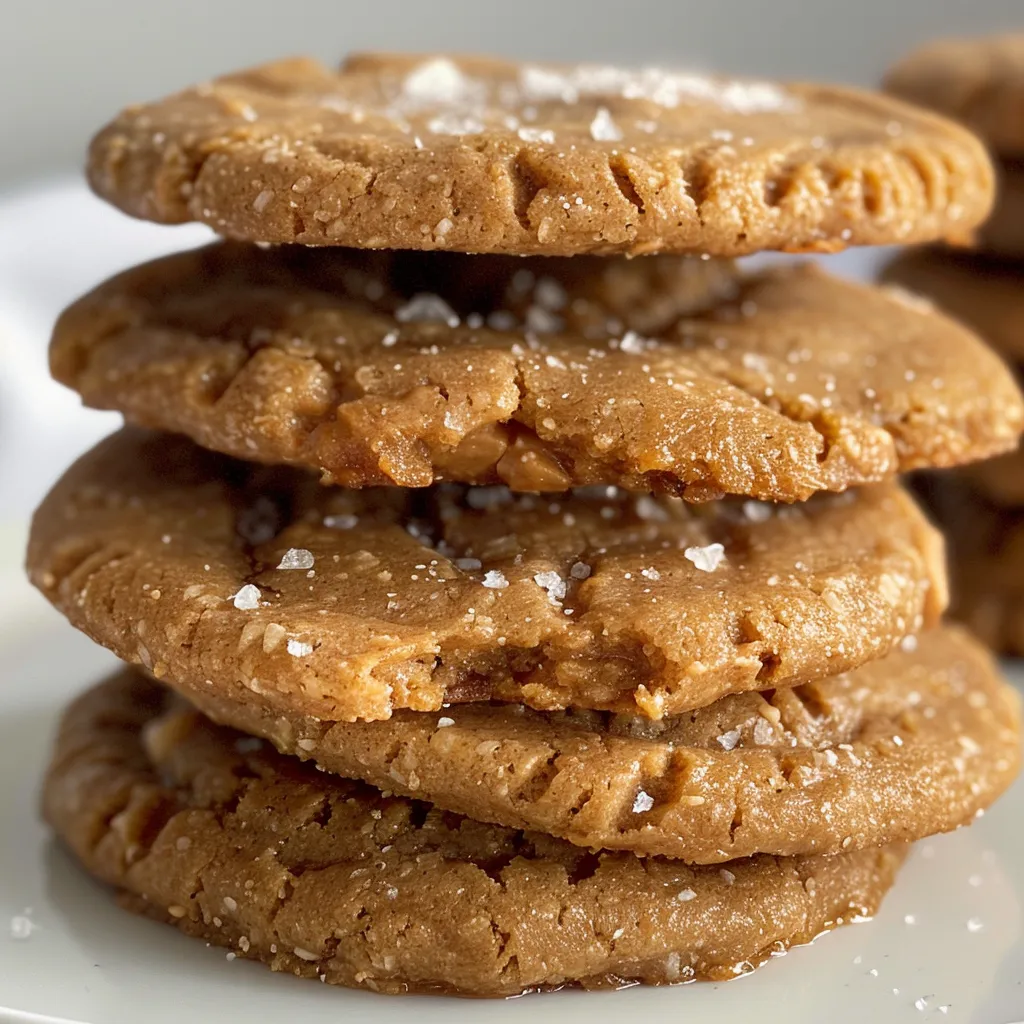 Juicy peanut butter cookies with a sprinkle of flaked sea salt, showcasing their texture.