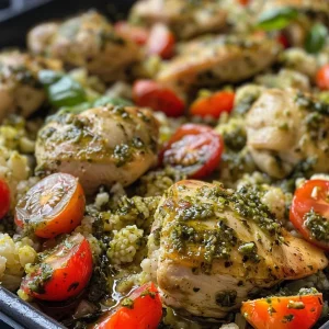Close-up view of a bowl filled with pesto chicken over cauliflower rice with cherry tomatoes.