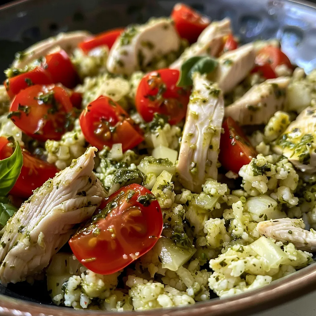 Juicy pesto chicken served on a bed of riced cauliflower, garnished with fresh basil and cherry tomatoes.