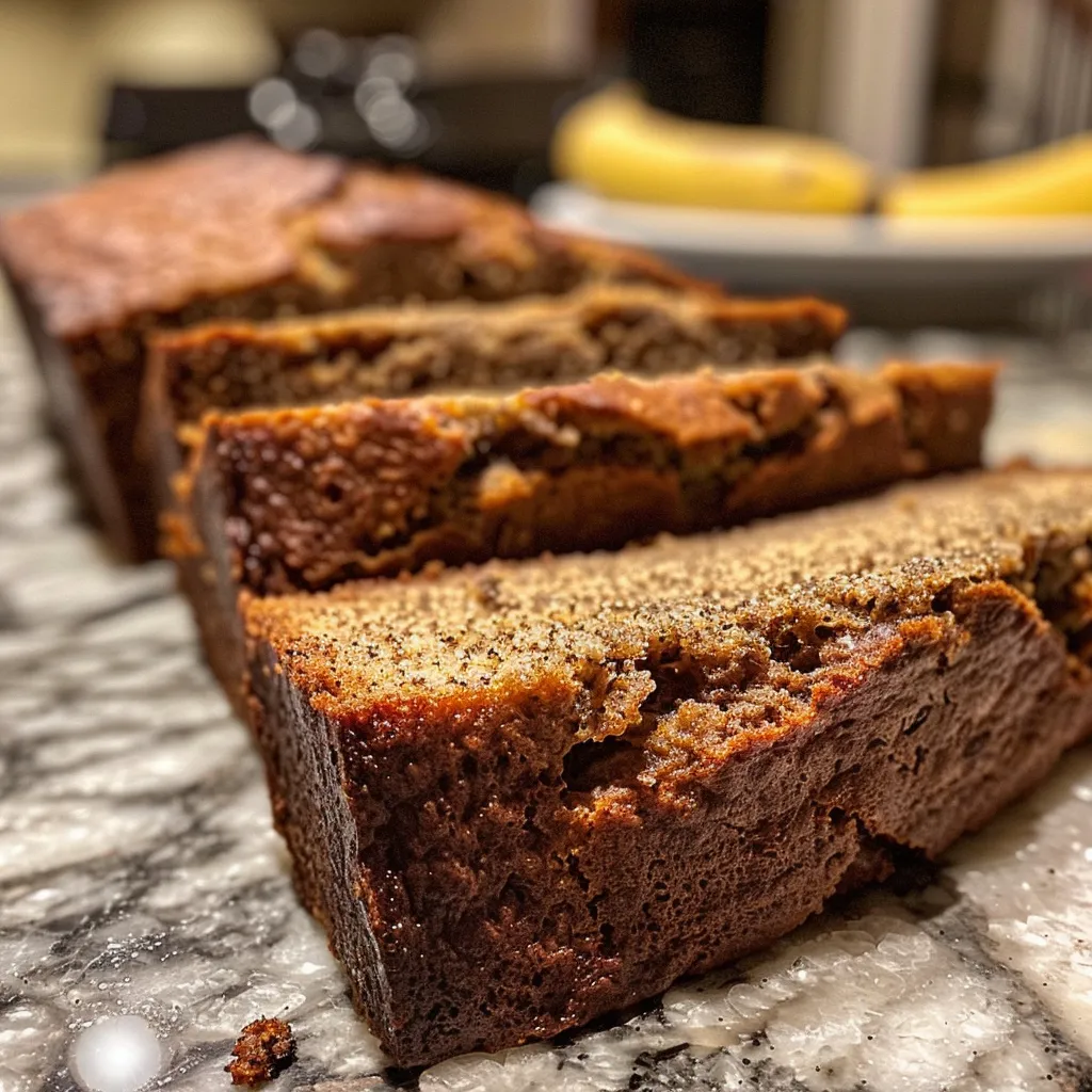 Delicious-looking protein banana bread slice with visible chunks of mashed bananas.