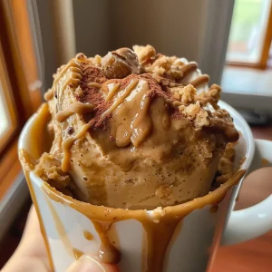 A delicious protein mug cake with a rich, brown cinnamon swirl visible, elegantly presented in a ceramic mug.