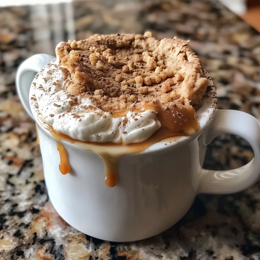 A juicy looking cinnamon mug cake that is partially frosted and served in a white mug on a wooden table.