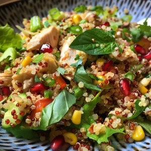Close-up of a colorful quinoa salad with chicken, displaying fresh ingredients like lettuce and herbs.