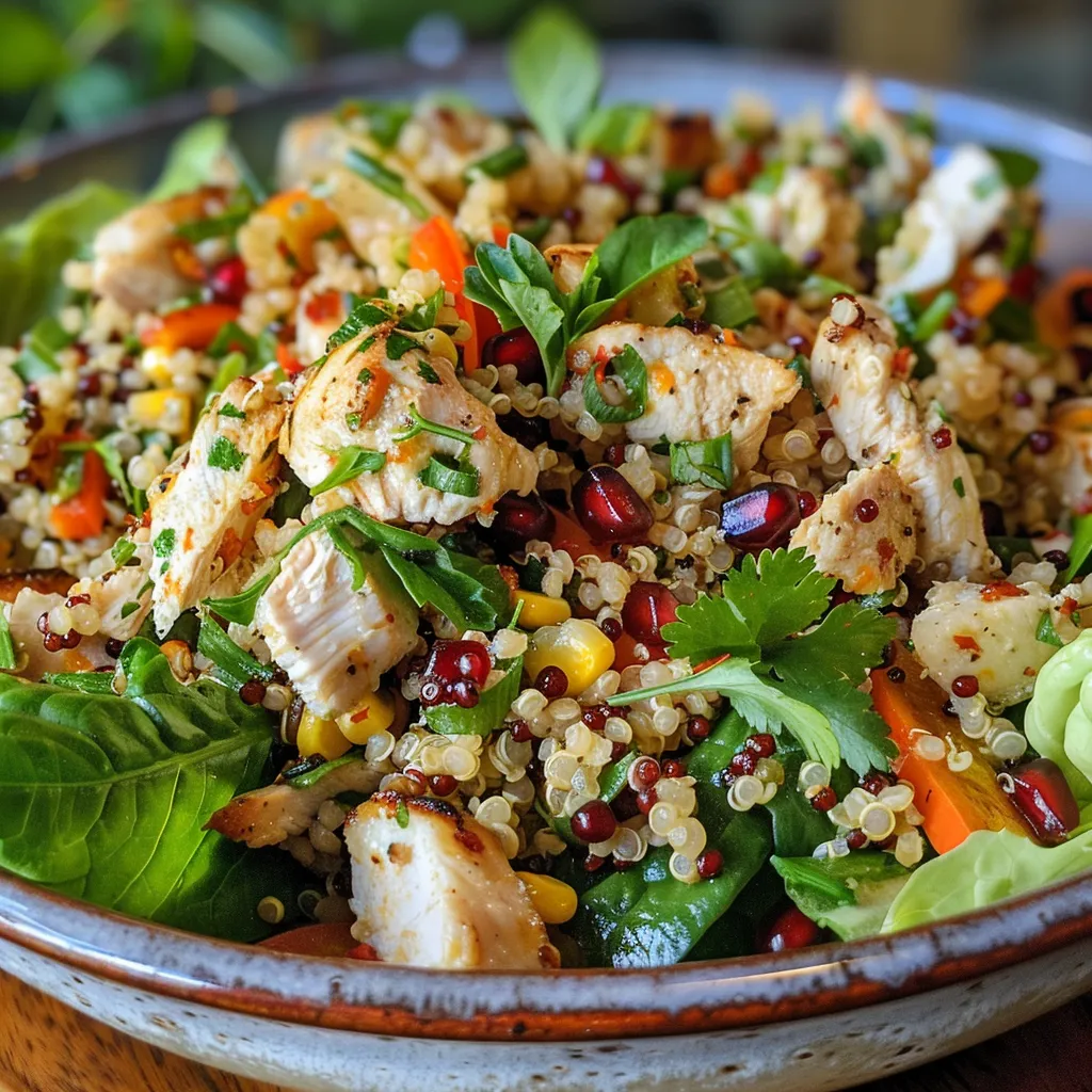 Side view of a quinoa salad featuring diced chicken breast, pomegranate molasses, and vibrant vegetables.