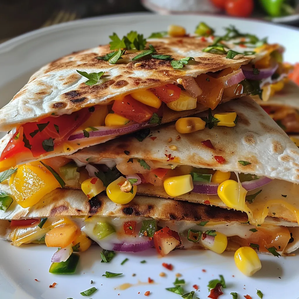 Close-up of a colorful rainbow veggie quesadilla with visible bell peppers and cheese.
