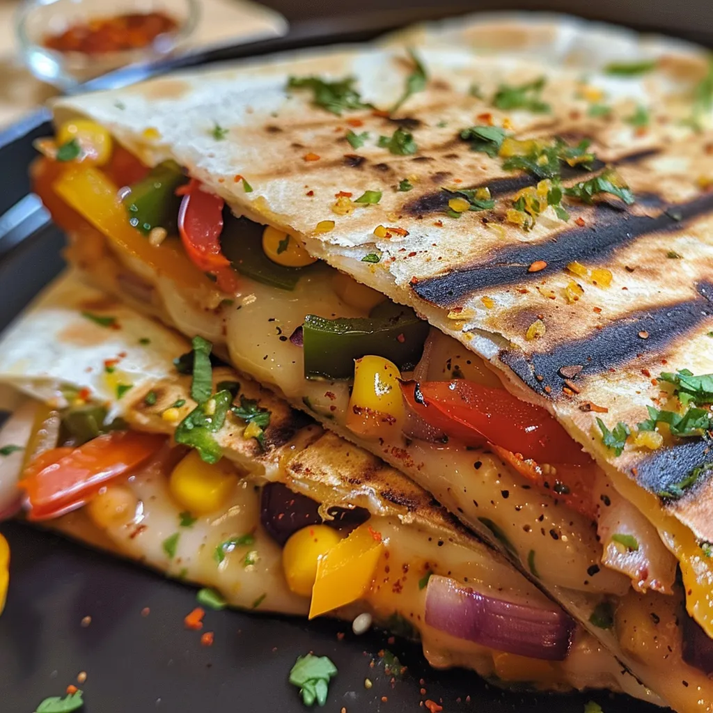 Side view of a sliced quesadilla filled with vibrant vegetables and melted cheese.