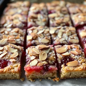 Detailed shot of Raspberry Almond Shortbread Bars showcasing the buttery texture and vibrant raspberry jam.